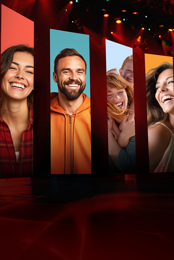 Eine B&uuml;hne mit Bannern auf denen lachende Menschen zu sehen sind