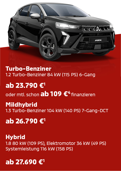 Schwarzer Mitsubishi ASX Black in der Frontansicht mit Preis- und Ausstattungsinfo