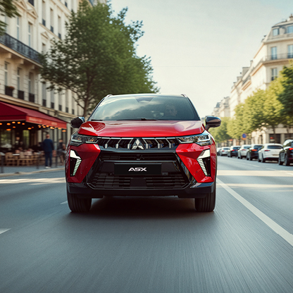 Roter Mitsubishi ASX Select in dynamischer Frontansicht bei Fahrt durch eine belebte Stadtstra&szlig;e mit verschwommenem Hintergrund