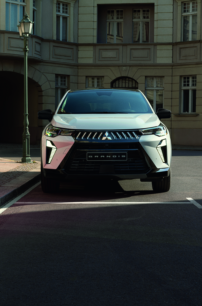 Wei&szlig;er Mitsubishi Grandis steht frontal geparkt an einer ruhigen Stadtstra&szlig;e vor einem historischen Geb&auml;ude.