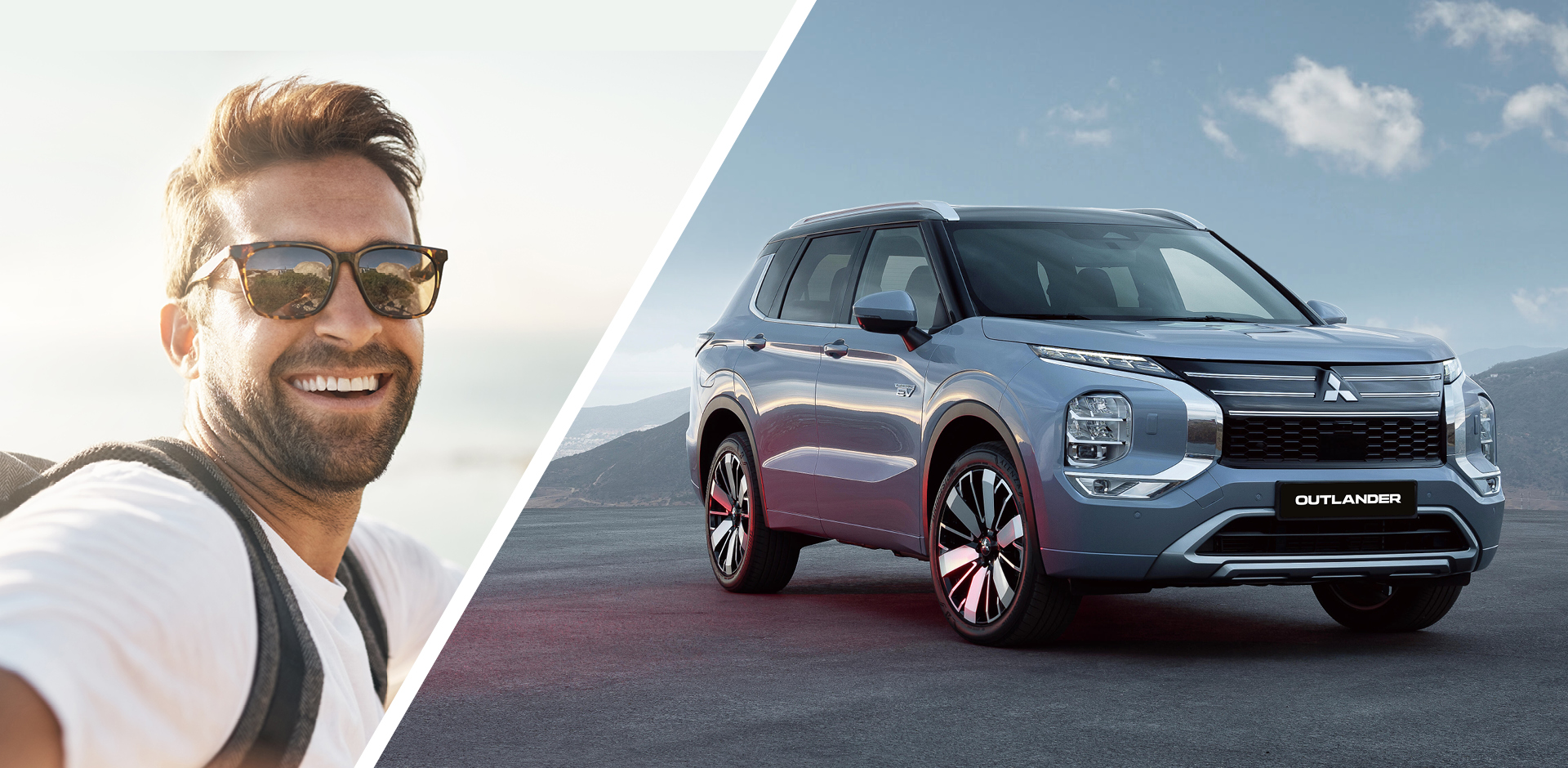 Moderne Outdoor-Szene mit jungem Mann mit Sonnenbrille und dem Mitsubishi Outlander vor Bergkulisse und Sonnenschein im Splitscreen.
