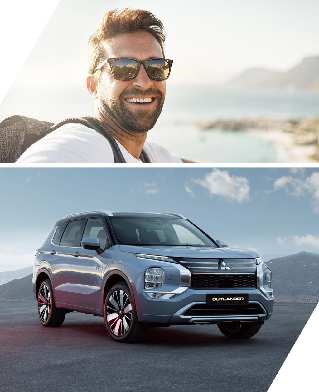 Moderne Outdoor-Szene mit jungem Mann mit Sonnenbrille und dem Mitsubishi Outlander vor Bergkulisse und Sonnenschein im Splitscreen.