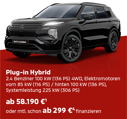 Schwarzer Mitsubishi Outlander Black in der Seitenansicht mit Preis- und Ausstattungsinfo