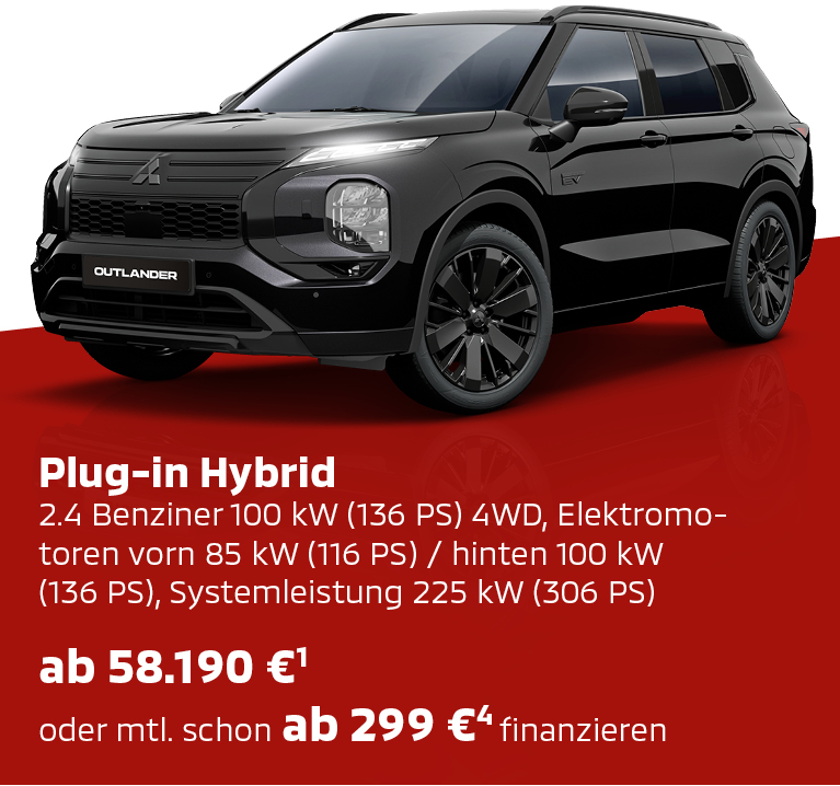 Schwarzer Mitsubishi Outlander Black in der Seitenansicht mit Preis- und Ausstattungsinfo