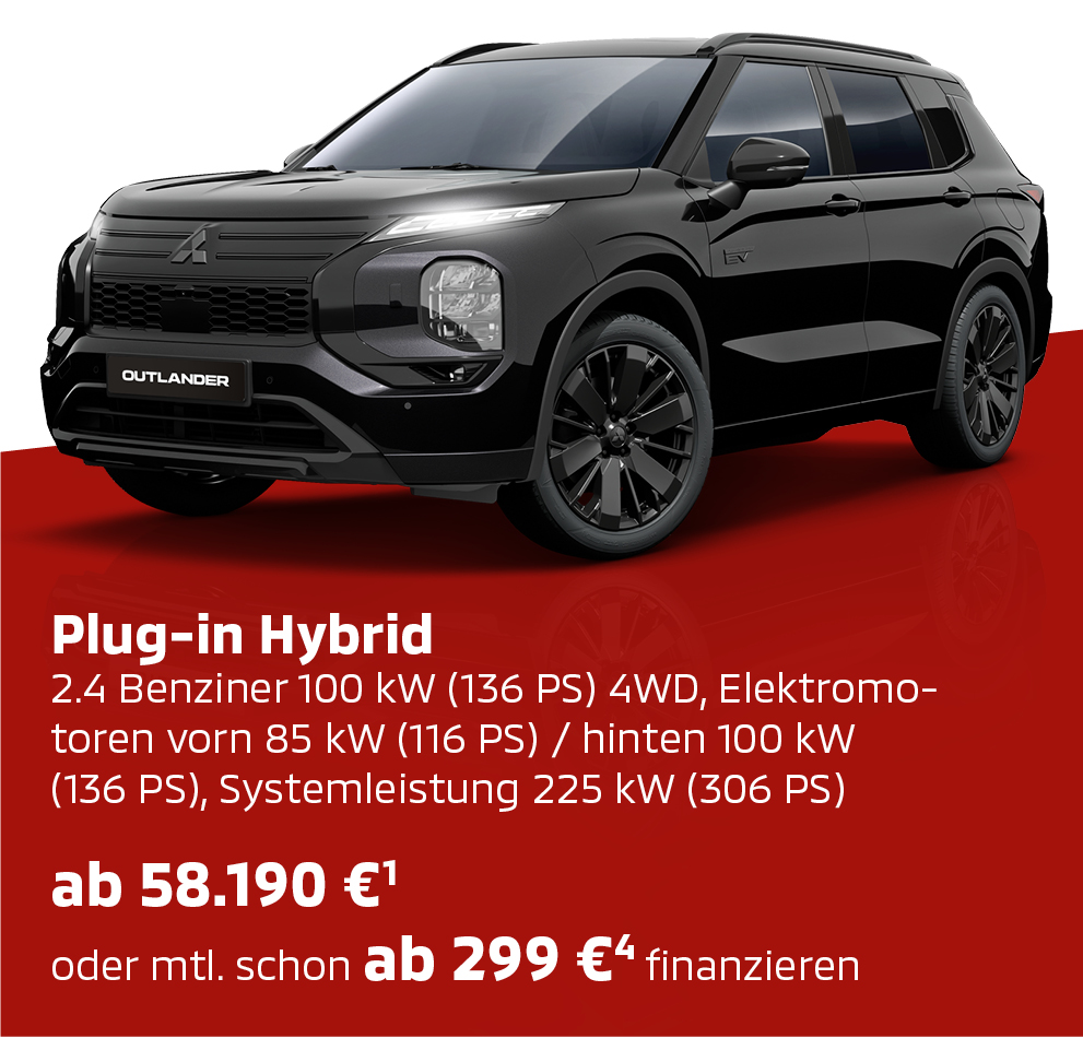 Schwarzer Mitsubishi Outlander Black in der Seitenansicht mit Preis- und Ausstattungsinfo