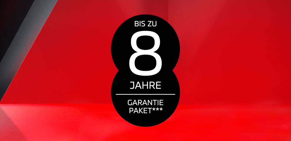 Schwarzer, runder Hinweisbutton auf rotem Hintergrund mit der Aufschrift &bdquo;Bis zu 8 Jahre Garantiepaket***"