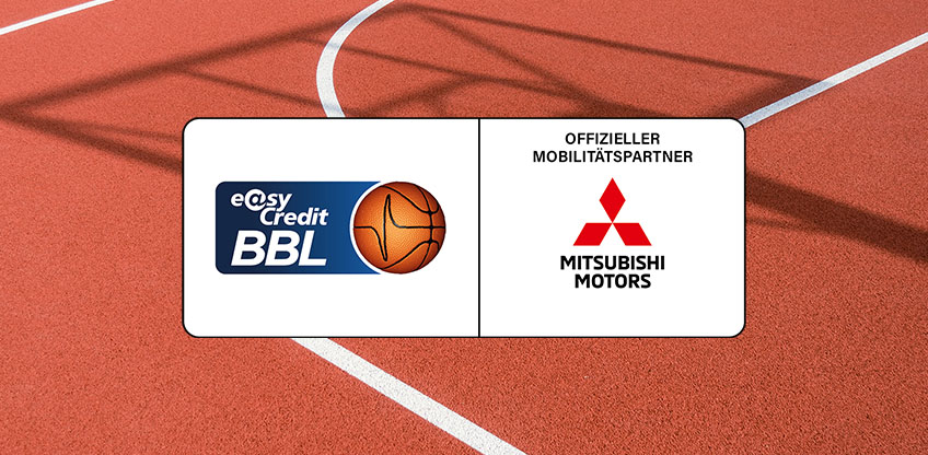 Dunkles Logo der easyCredit Basketball Bundesliga neben dem Mitsubishi Logo
