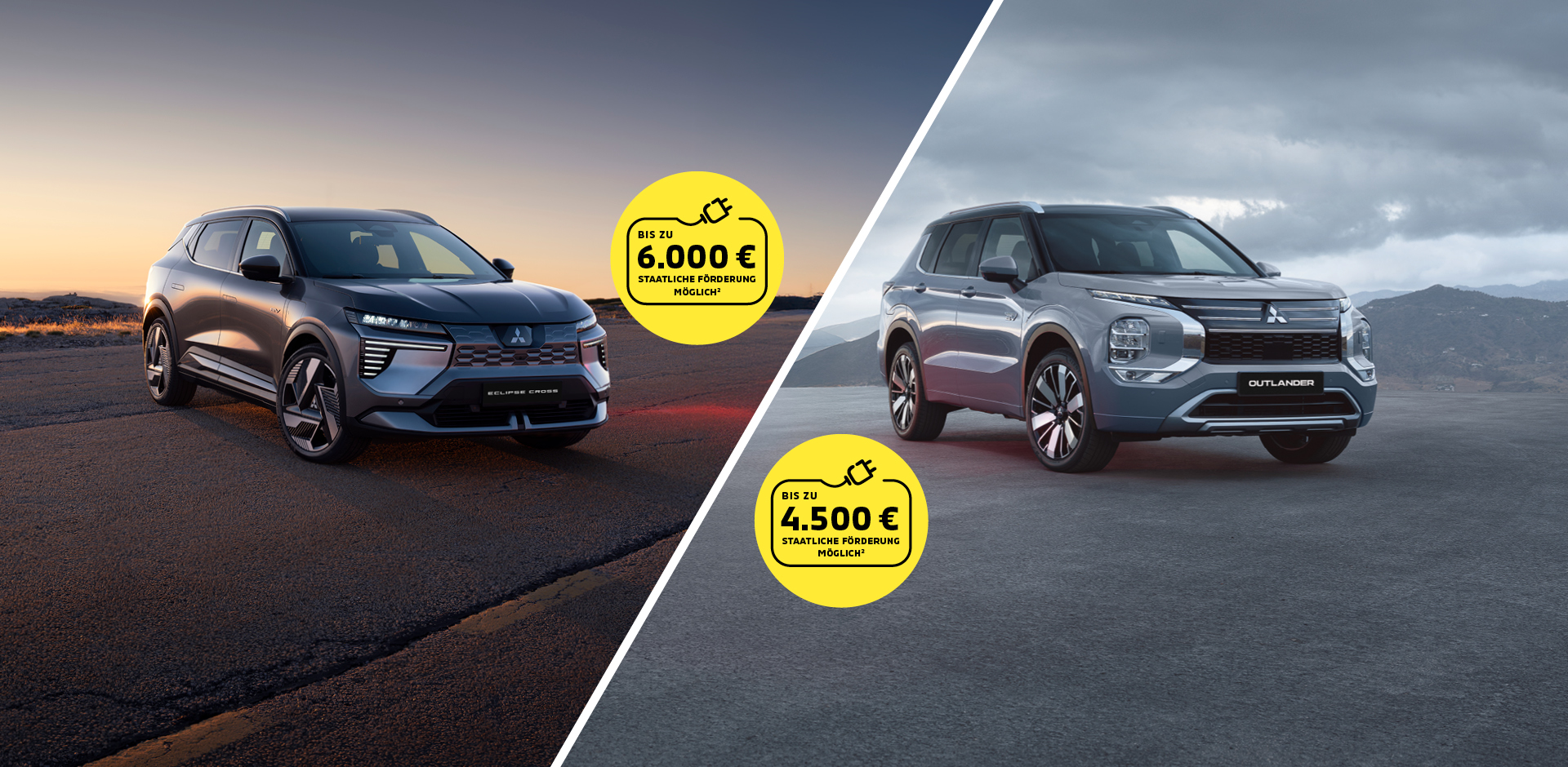 Der Mitsubishi Eclipse Cross links und der Mitsubishi Outlander rechts in einem Split Screen Bild