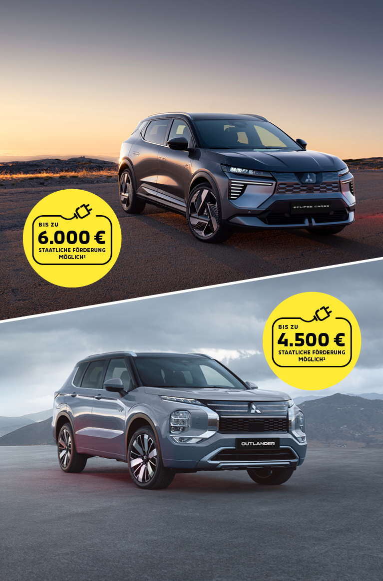 Der Mitsubishi Eclipse Cross links und der Mitsubishi Outlander rechts in einem Split Screen Bild