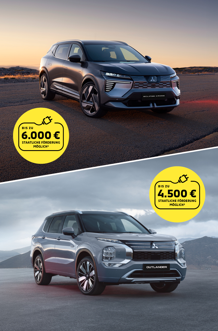 Der Mitsubishi Eclipse Cross links und der Mitsubishi Outlander rechts in einem Split Screen Bild